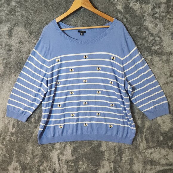 Talbots Blue White Stripe Embroidered Bees Cotton Sweater Plus 3x Long Sleeve - Picture 1 of 8